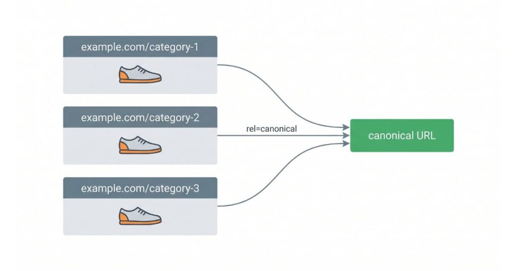 Three duplicate product URLs pointing to one canonical URL